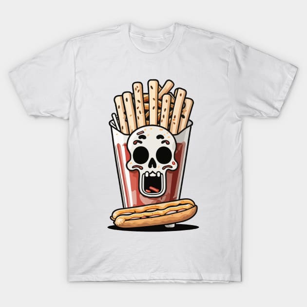 Fries, skull, and hotdog T-Shirt by DeathAnarchy